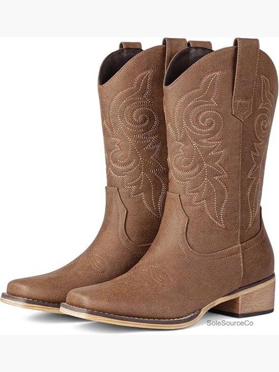 Shoes - Women's Square Toe Mid Calf Cowgirl Boots Low Chunky Heel Pull On